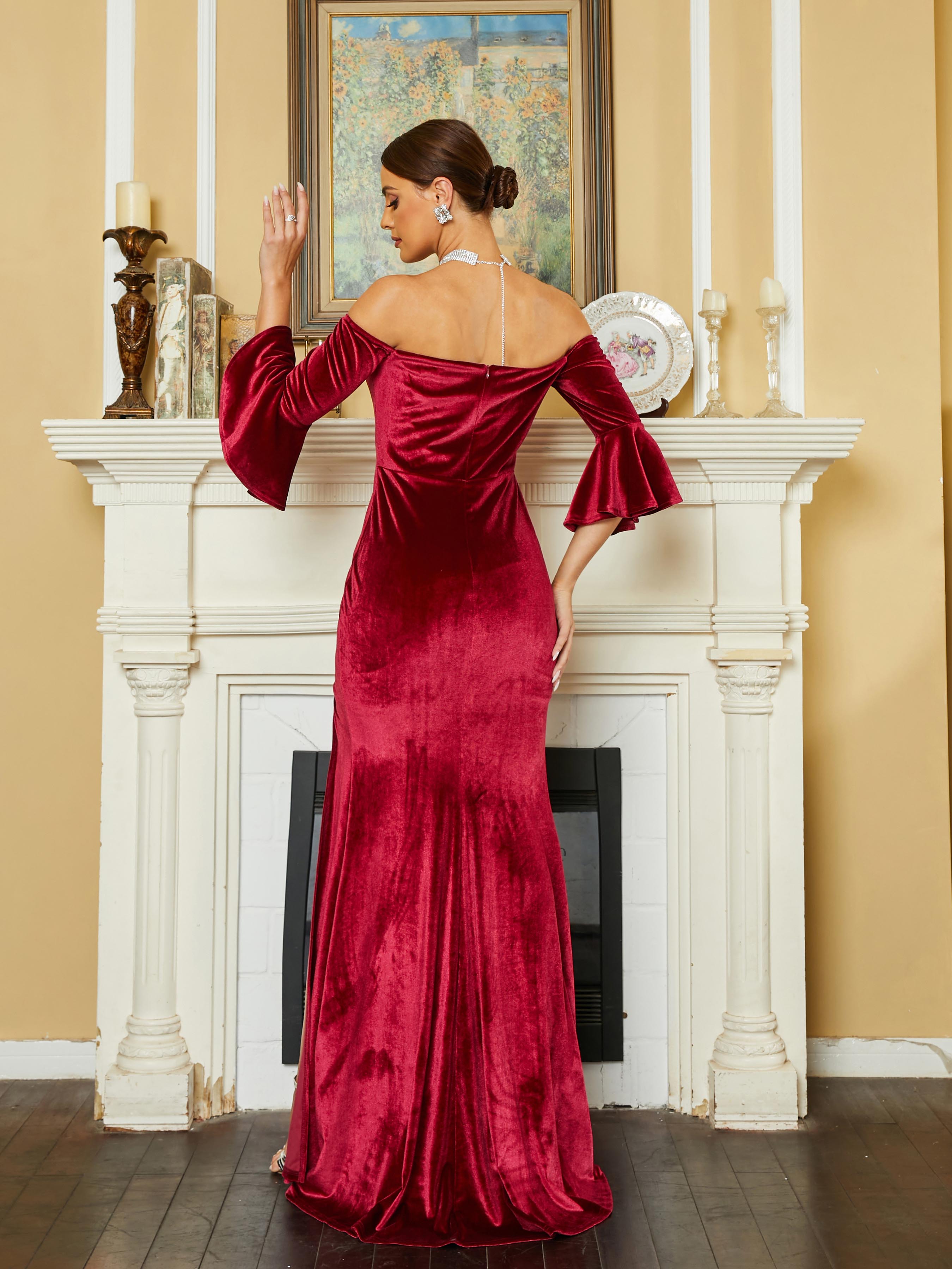 Off Shoulder Corset High Split Velvet Wine Evening Dress RM20607