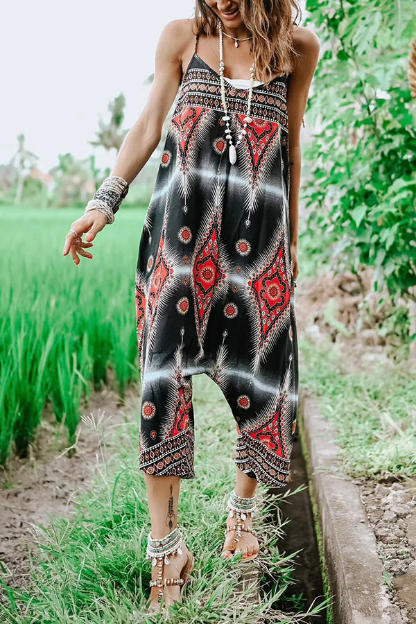 Free Spirit Boho Ethnic Print Loose Dungaree Jumpsuit