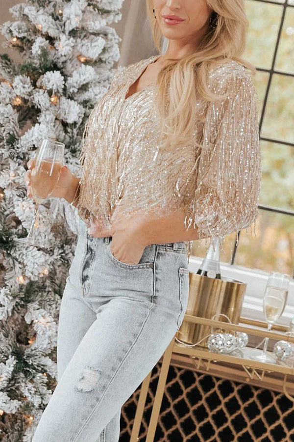 Sparkling Gold Sequin Tassel Long Sleeve Top