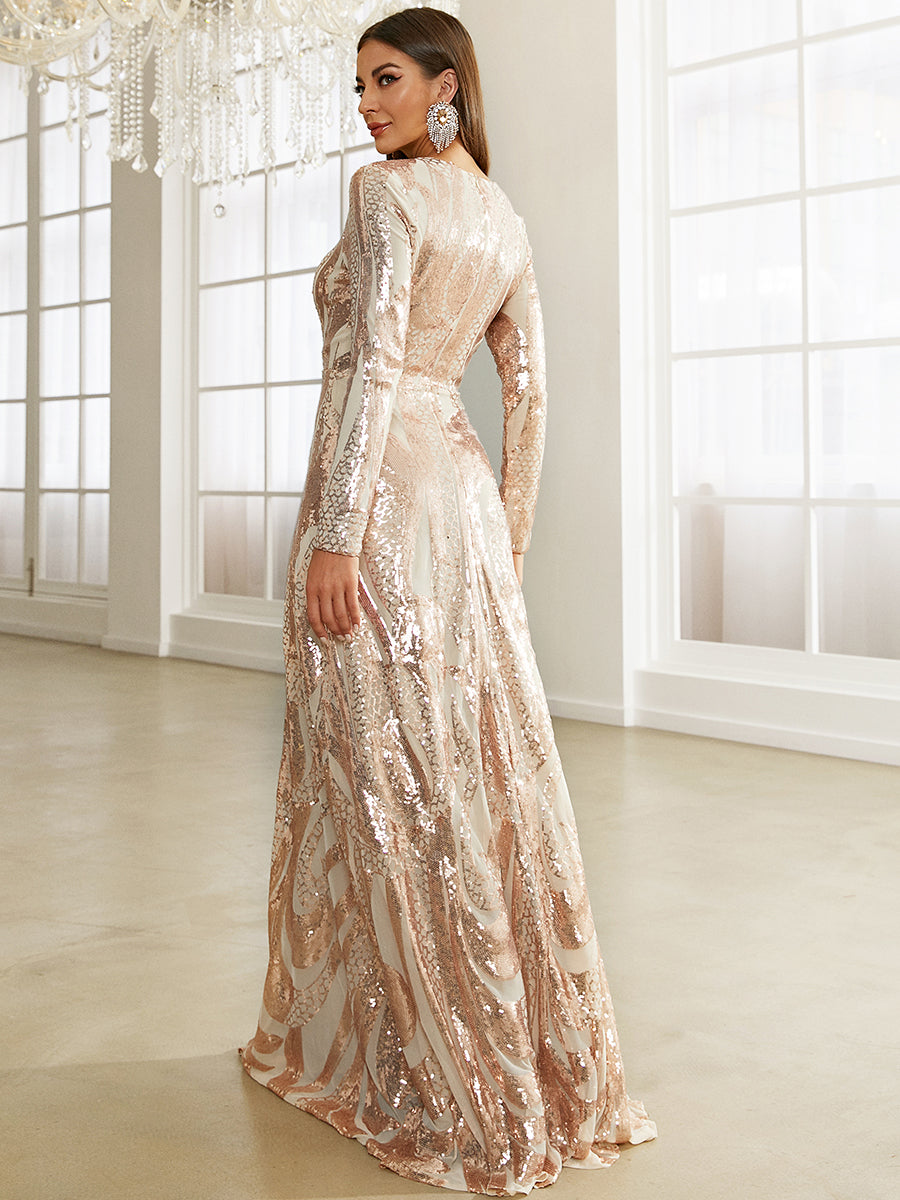 Long Sleeve Sequin Apricot Evening Dress XJ1494