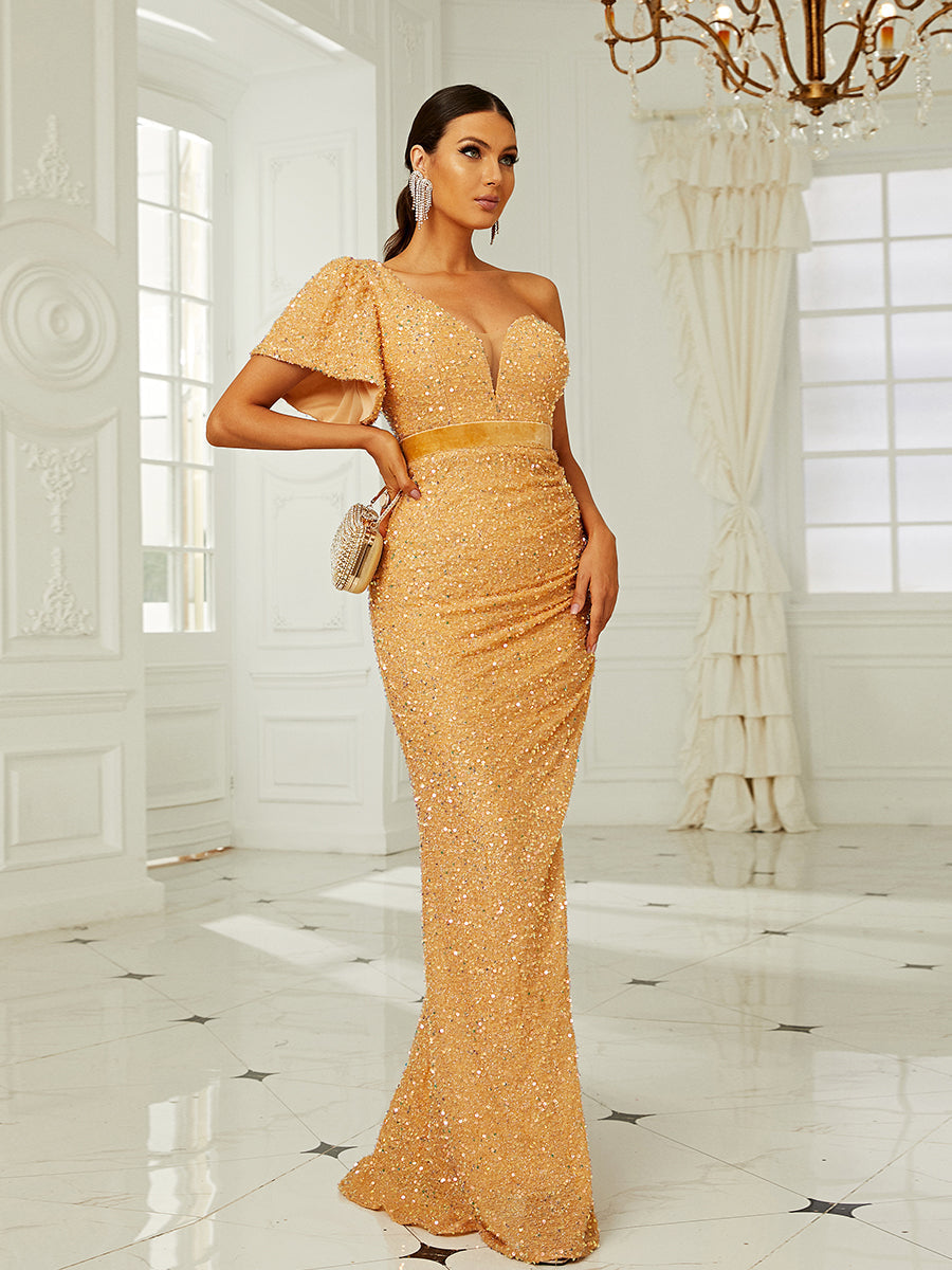 One Shoulder Mesh Panel Split Thigh Sequin Formal Dress XH2170