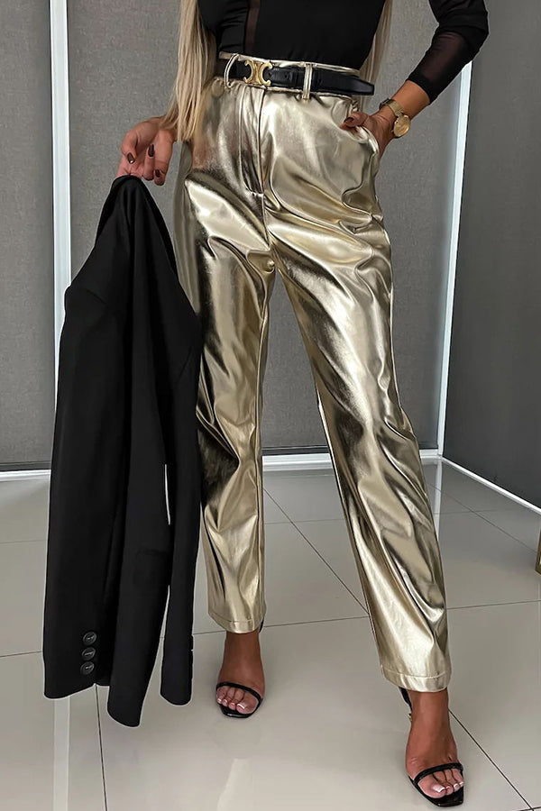 Fashionably Late Metallic Gold High Waist Pocket Pants