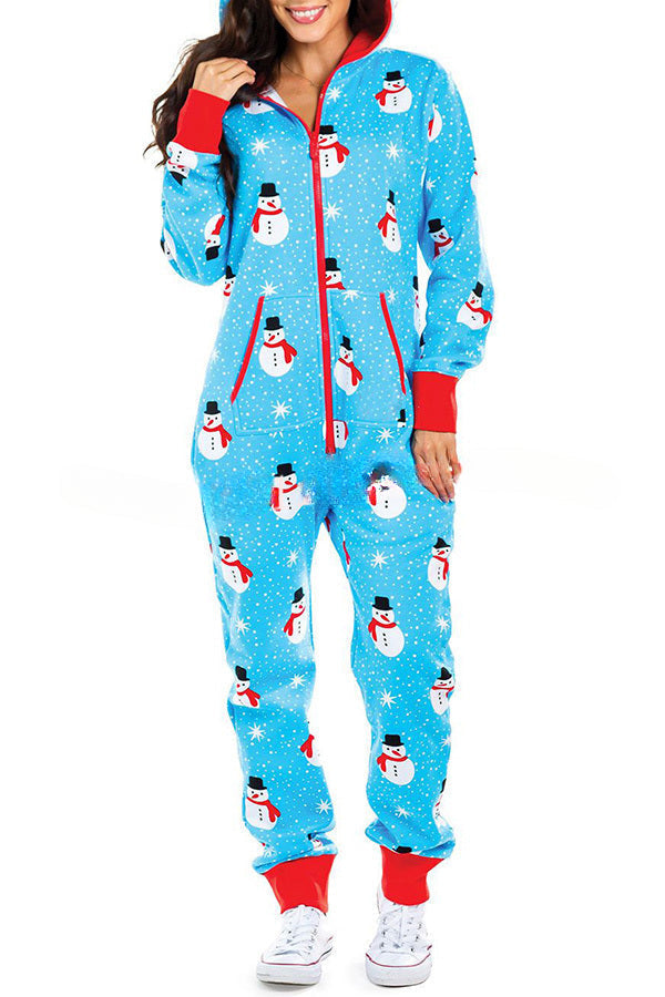 Christmas Print Zipper Pocketed Hooded Loungewear Jumpsuit