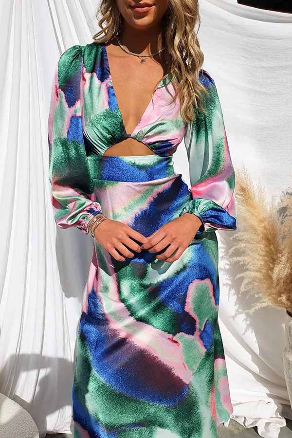 Own The Evening Satin Neon Print Cutout Midi Dress