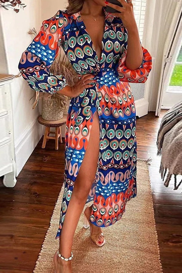 Love Many Ways Printed Tie-up Wrap Split Midi Shirt Dress