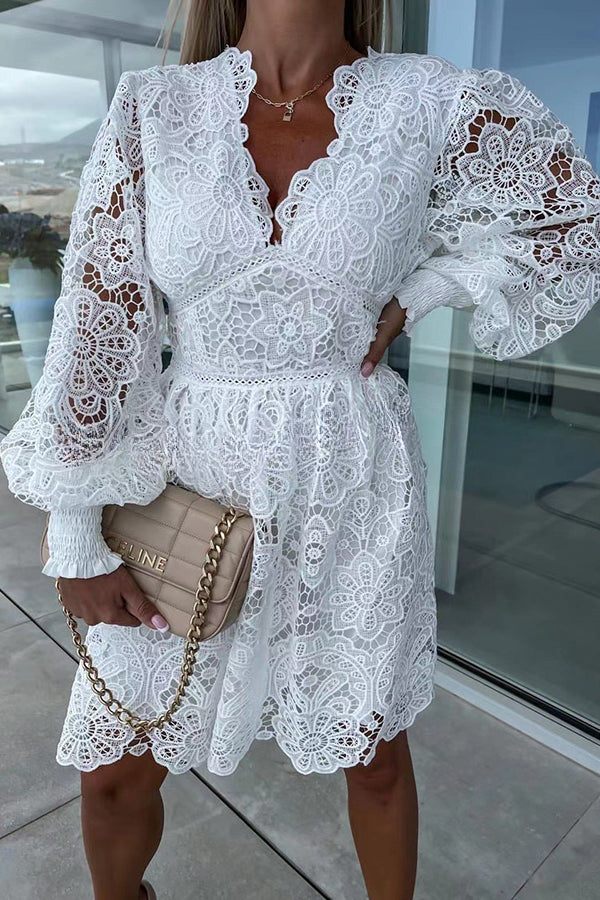 Luxe Debut Floral Crochet Lace Lantern Sleeve Mini Dress