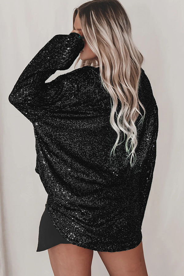 Solid color button-down long-sleeve sequined cardigan