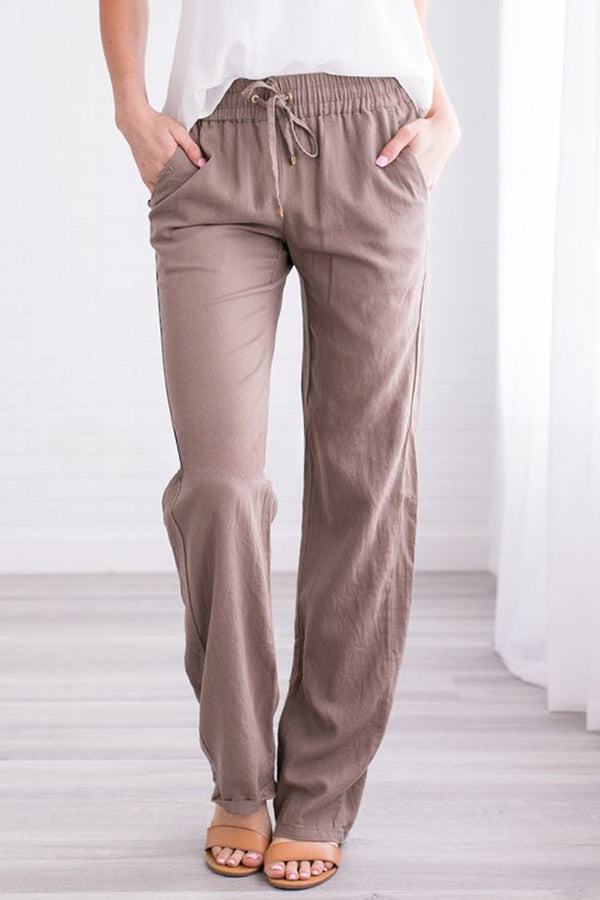 Soft Breathable Solid Color Drawstring Elastic Waist Long Straight Pants