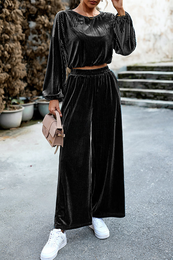 Velvet Long Sleeved Top and Wide Leg Pants Two Piece Set