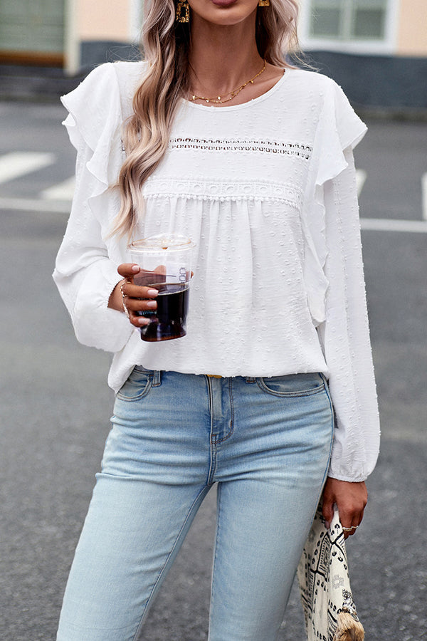 Textured Lace Fabric Ruffle Long Sleeve Blouse