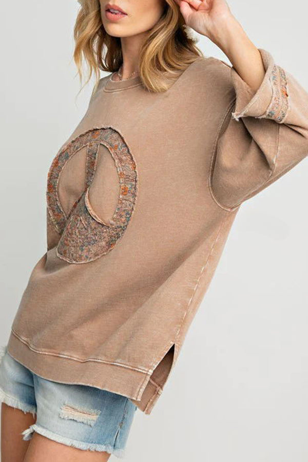 Peace Embroidered Round Neck Long Sleeve Sweatshirt