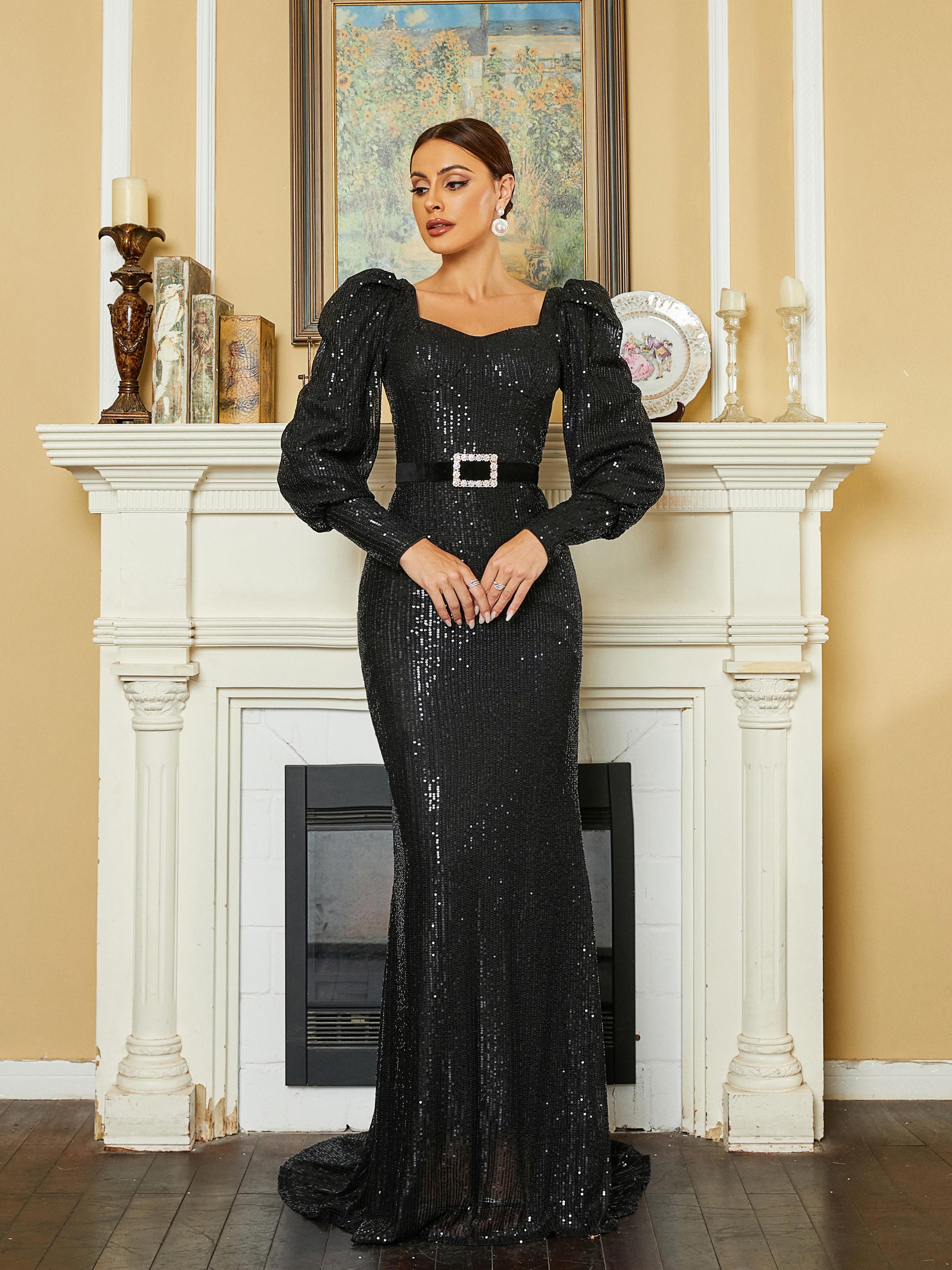 Sweetheart Neck Belt Sequin Black Evening Dress XHP2144