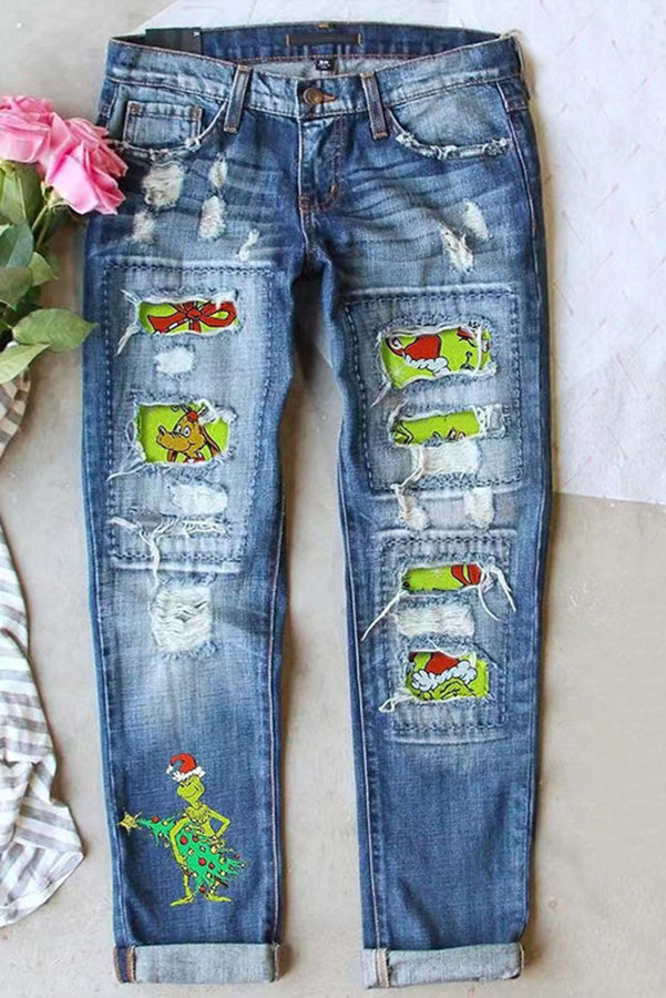 Santa Hat Green Grinch Print Zipper Button Washed Jeans