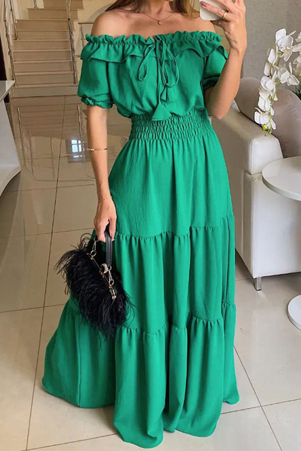 Admit Your Feelings Off Shoulder Smocked Waist Maxi Dress