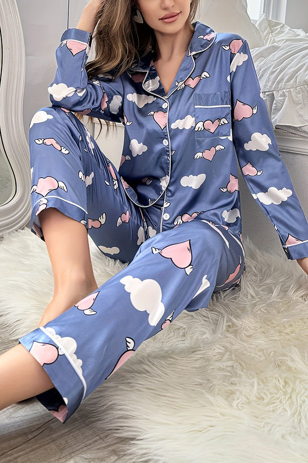 Beautifully Printed Lapel Pocket Button Lounge Pant Suit