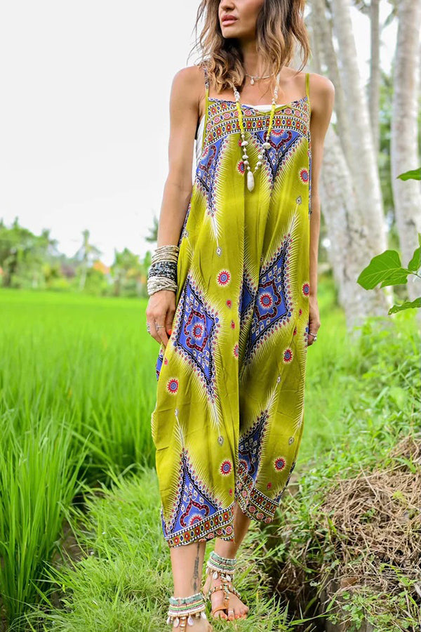 Free Spirit Boho Ethnic Print Loose Dungaree Jumpsuit