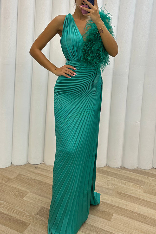 Forever Stunning Pleated Feather Trim Slit Evening Maxi Dress