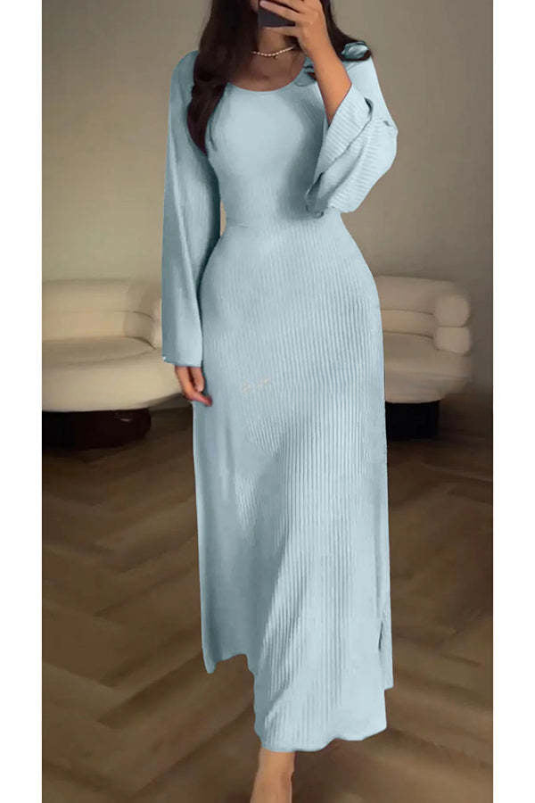 Comfortable Elegance Ribbed Bell Long Sleeve Stretch Maxi Dress