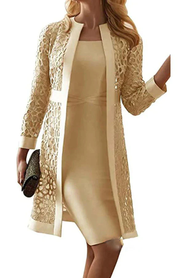 Formal Knee Length Dress with Lace Cardigans Sets