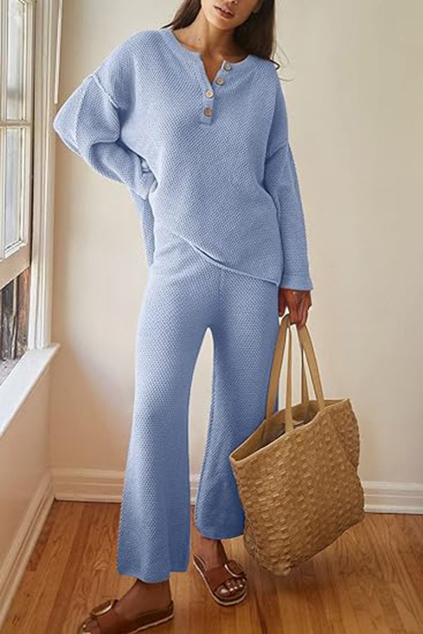 Heather Hailey Solid Color Casual Button V Neck Top and Pant Two Piece Set