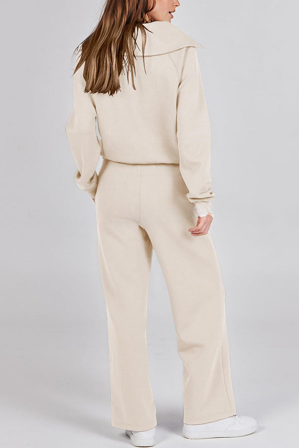 Comfy and Cute Zipper Pullover and Elastic Waist Pocket Lounge Pants Suit