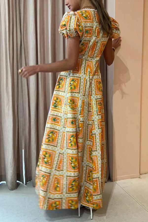 A Sweet Haze Linen Blend Orange Mosaic Puff Sleeve Pocketed Maxi Dress