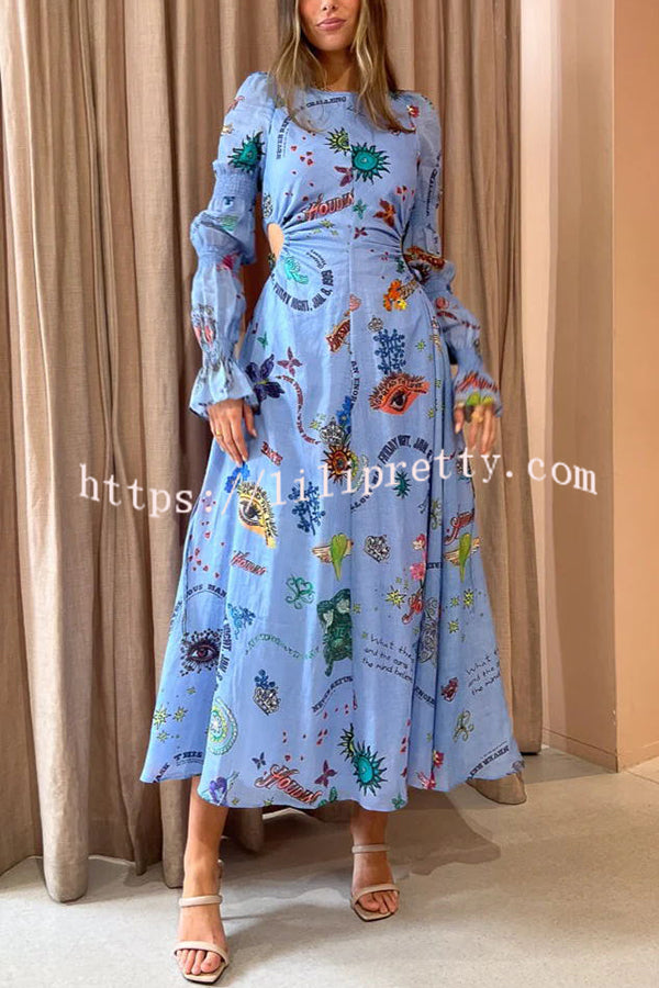 Special Holiday Linen Blend Unique Print Cut Out Puff Sleeve Lightweight Midi Dress