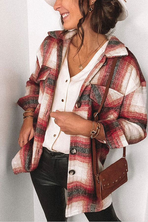 Red Plaid Turn Down Neck Pocket Buttoned Shacket