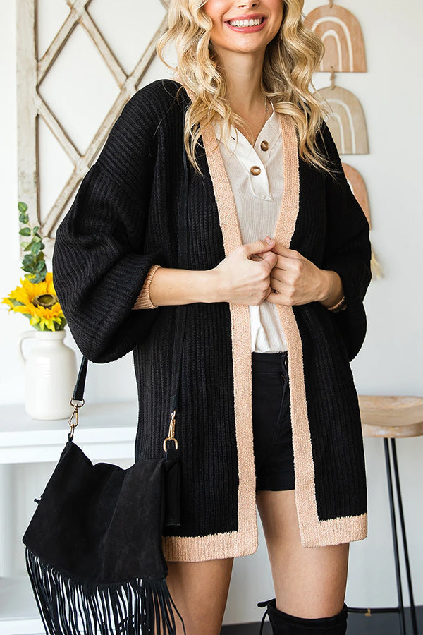 Black Bishop Sleeve Colorblock Open Front Cardigan Sweater