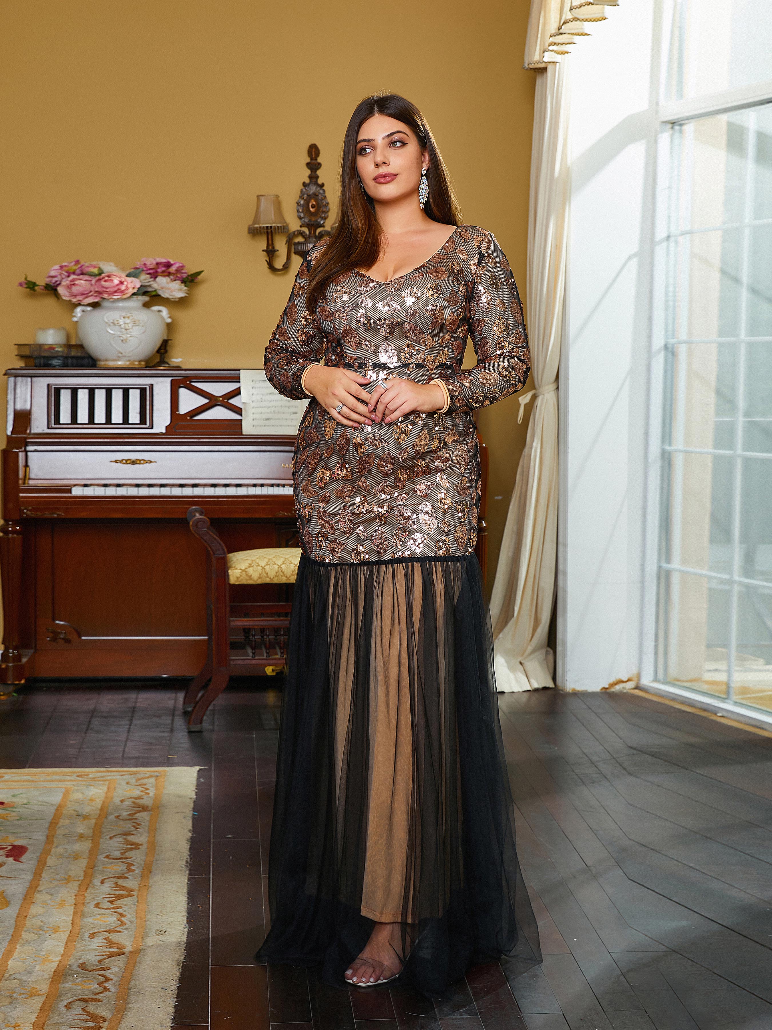 Plus Size V-Neck A-line Panel Long Sleeve Evening Dress PXJ2066