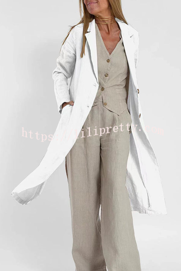 Vintage Linen Blend Pocketed Lightweight Midi Blazer Coat