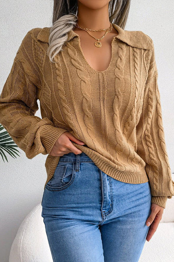 Casual Lapel Twist Long Sleeve Knit Sweater