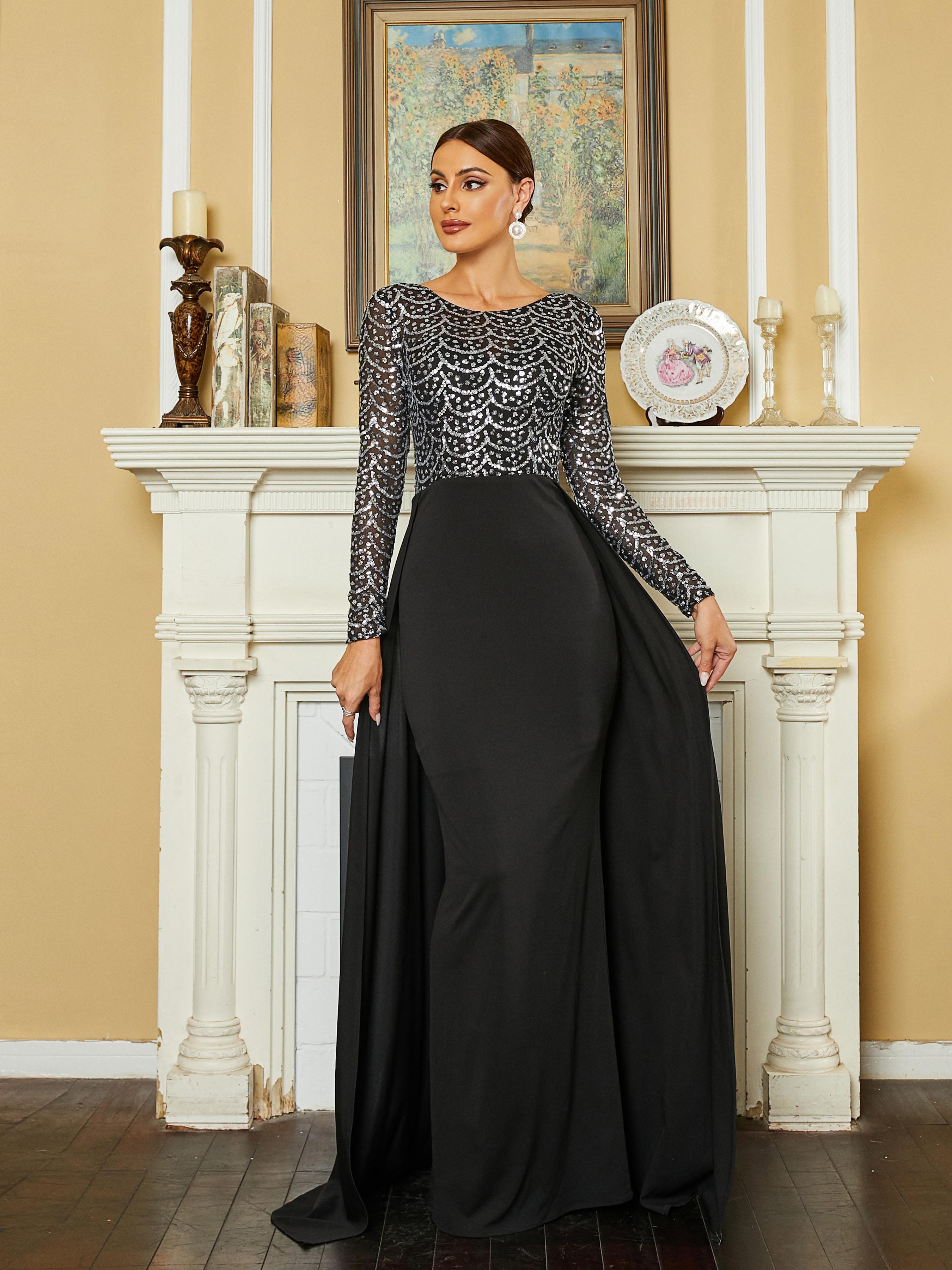 Crew Collar Panel Sequin Black Evening Dress RM20618