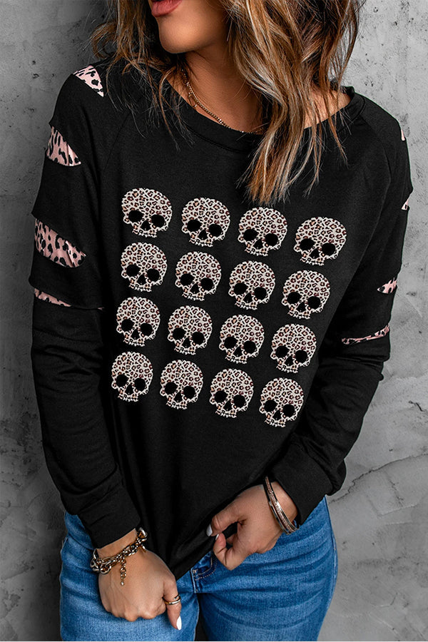 Black Leopard Peek-a-Boo Sleeve Skull Graphic Sweatshirt