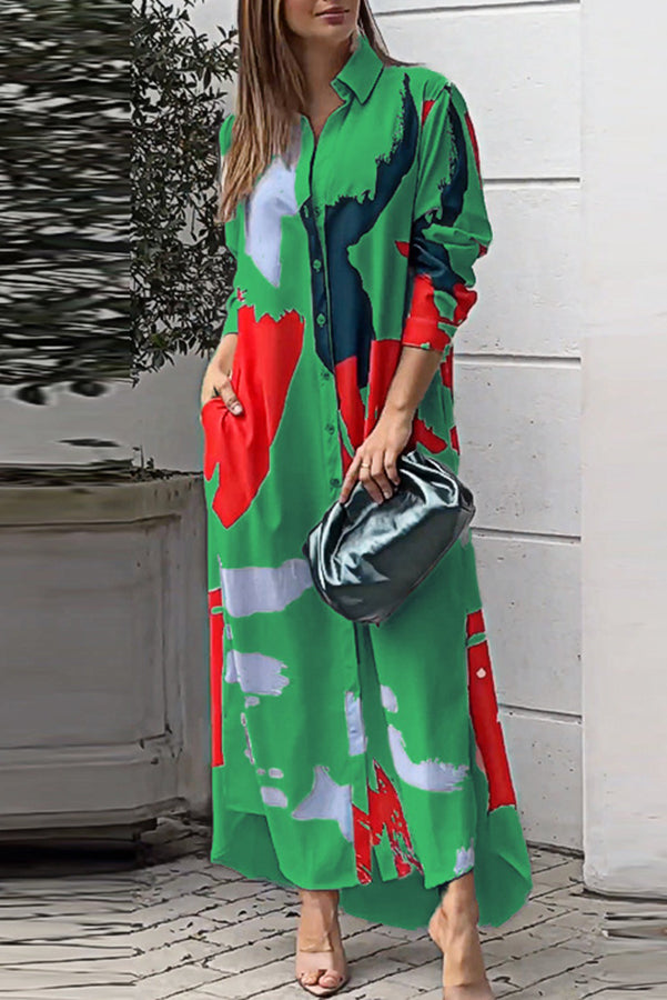 Abstract Art Print Pocket Button Long Sleeve Maxi Dress