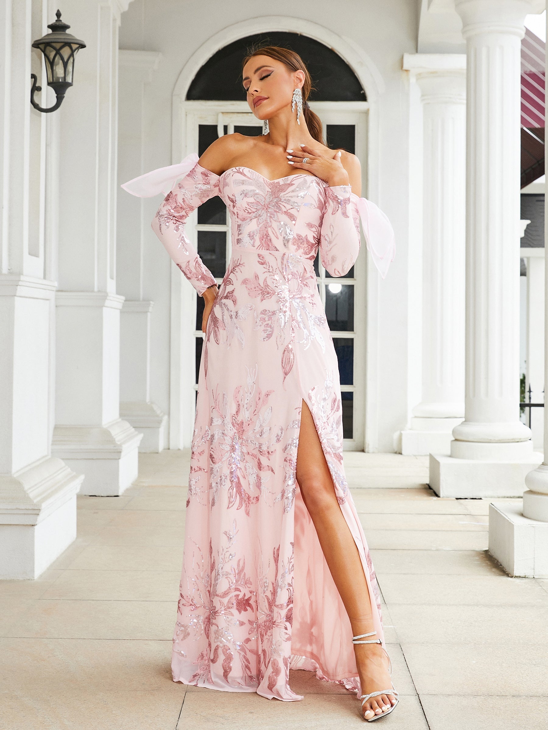 Off Shoulder Sequin Pink Prom Dress XJ2872