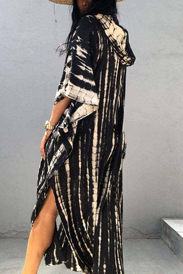 Boho Tie-dye Print Hooded Kimono Cover-up