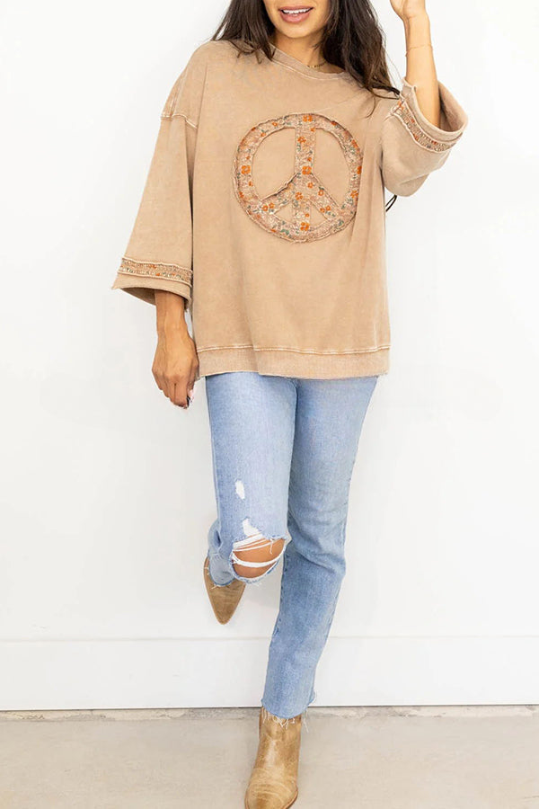 Peace Embroidered Round Neck Long Sleeve Sweatshirt