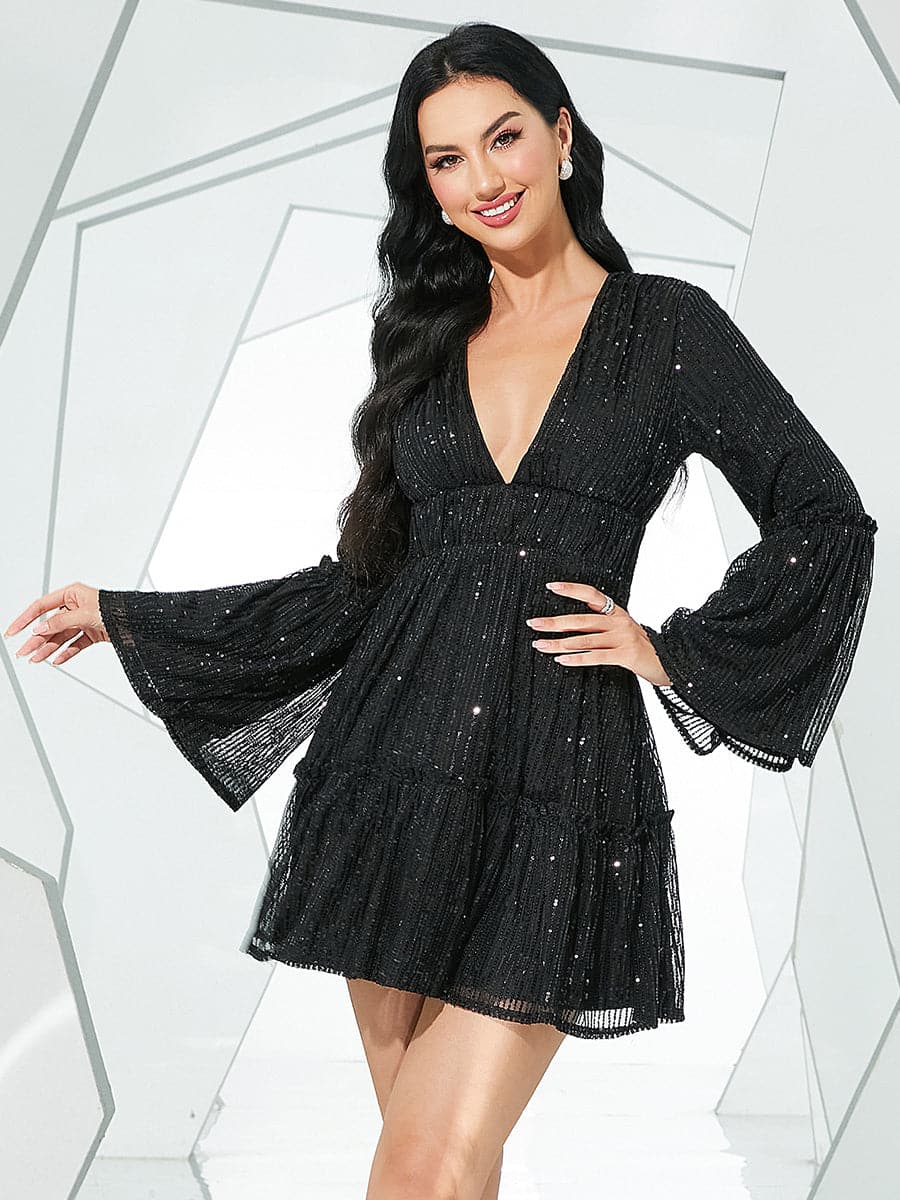 Deep V Neck Bell Sleeve Mini Homecoming Dress M02277