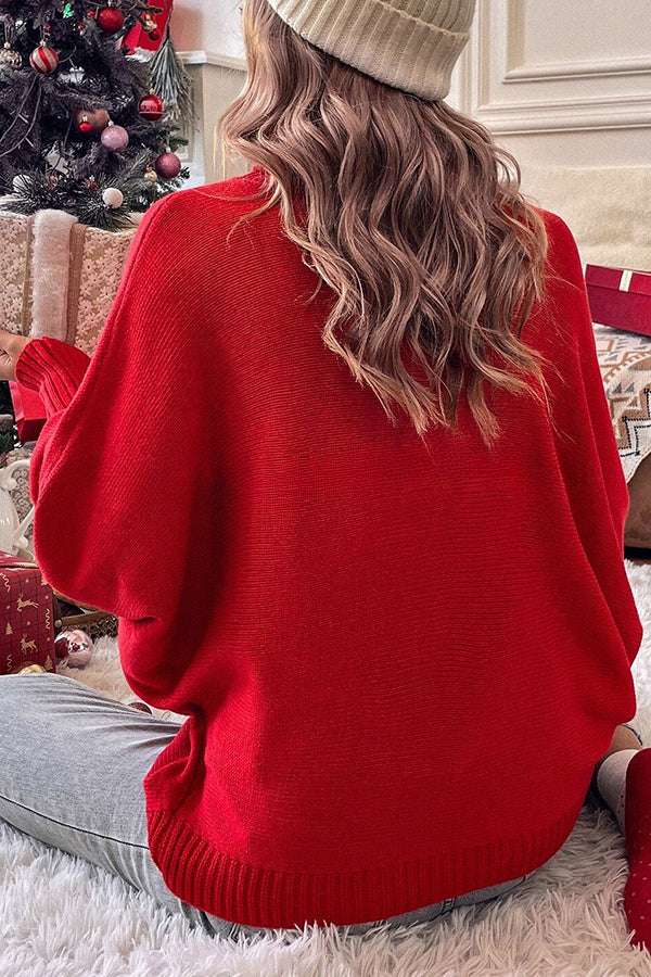 Happy Holidays Contrast Monogram Turtleneck Dolman Sleeve Sweater