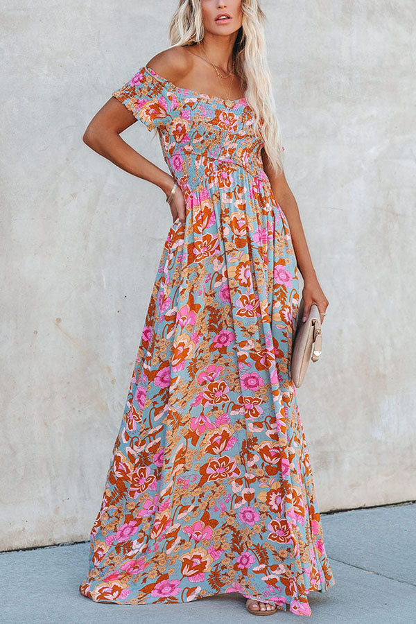 Put It In Print Smocked Slit Maxi Dress