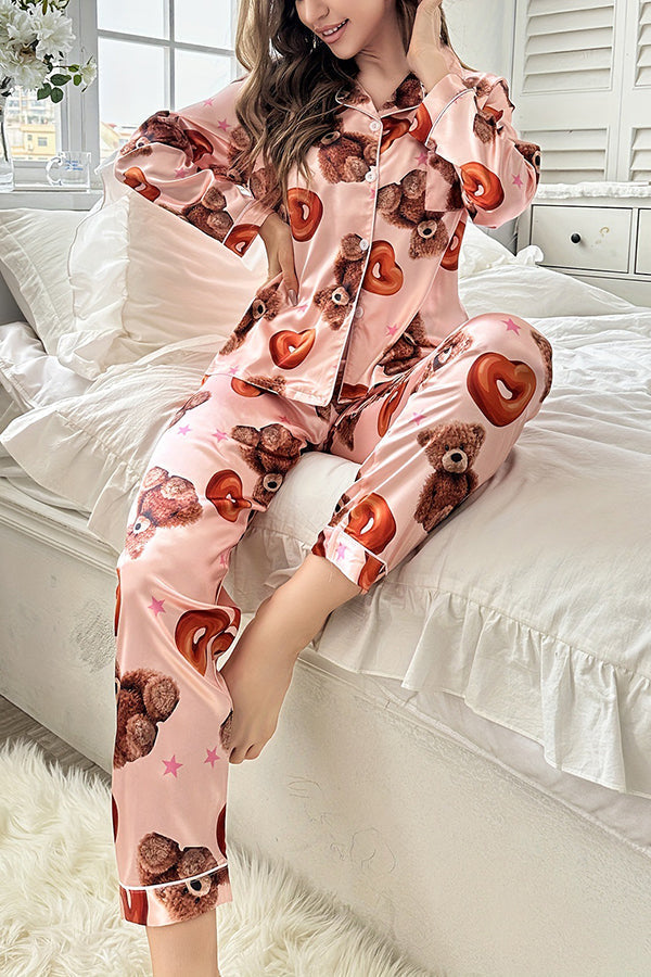 Beautifully Printed Lapel Pocket Button Lounge Pant Suit