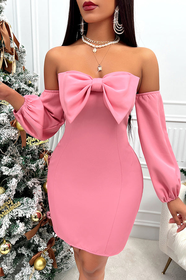 Lovable Energy Bow Off Shoulder Lantern Sleeve Mini Dress