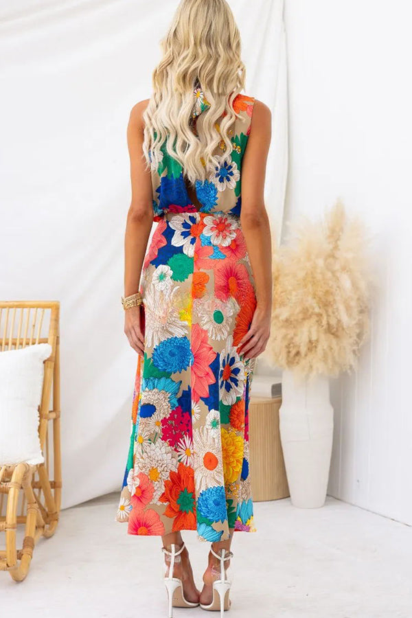 Land of Beauty Floral Print Halter Neck Elastic Waist Party Maxi Dress