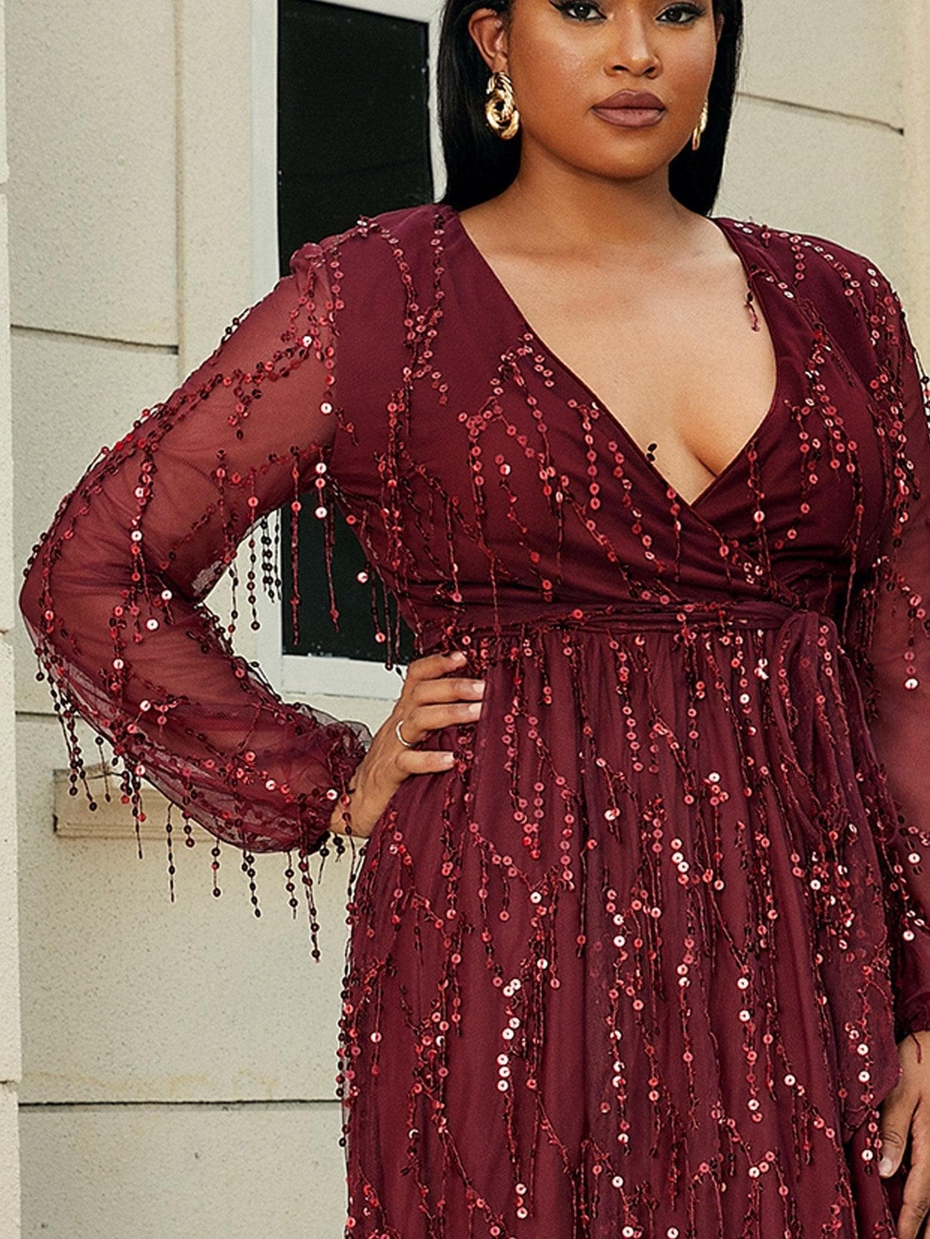 Plus Size V Neck Mesh Sleeve Red Maxi Sequin Formal Dress P0376