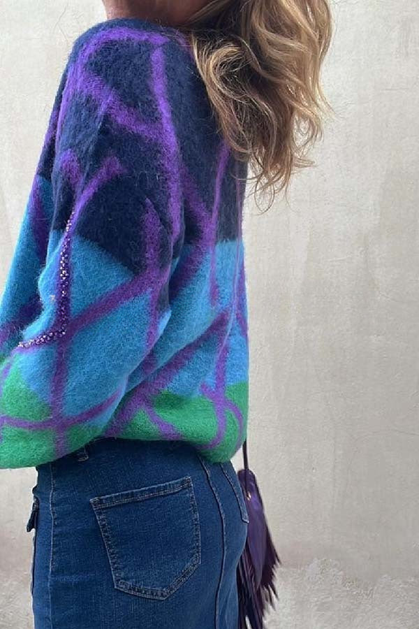 Aprill Color Block Sequined Crew Neck Sweater