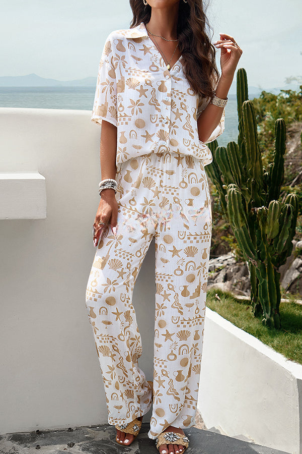 Fun Printed Button Pocket Long Sleeve Shirt and Elastic Waist Pants Set