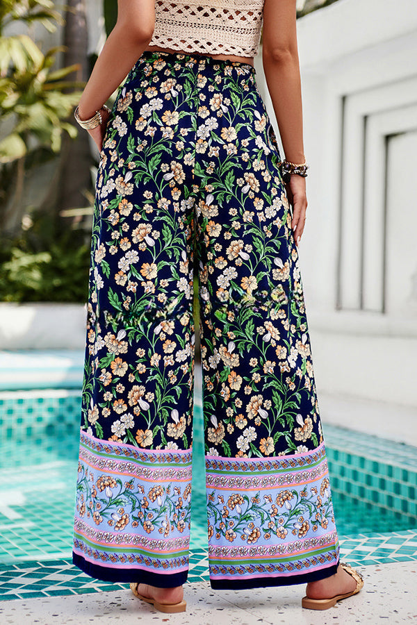 Floral Print Stretch Waist Pocket Wide Leg Pants