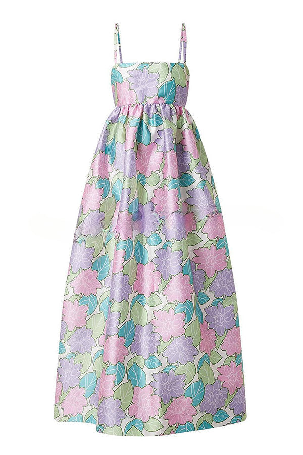 Garden Goddess Floral Printed Back Bow Design A-line Midi Dress