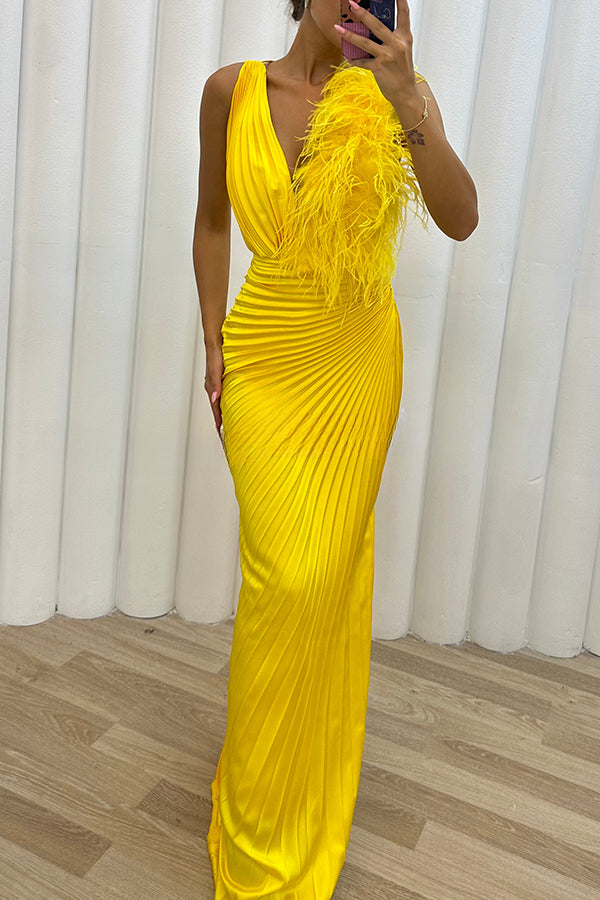 Forever Stunning Pleated Feather Trim Slit Evening Maxi Dress